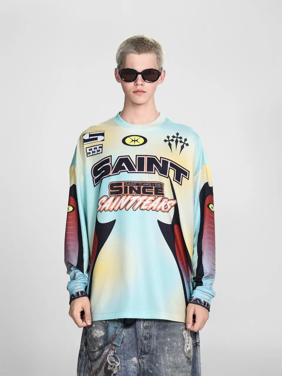 Saint michael tears all-over printed long-sleeved vintage autumn and winter T-shirt Style number: 117 Size: M L XL Wholesale price: 136 Color: blue yellow